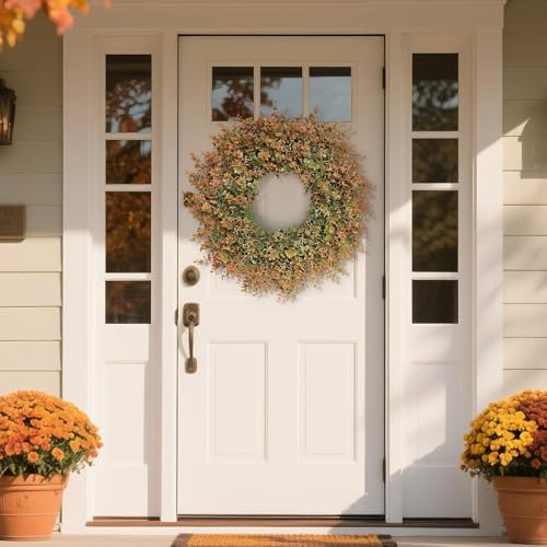 Image of 26 inchArtificial Eucalyptus Wreath with Seed for Front Door Decor(Fall Orange)