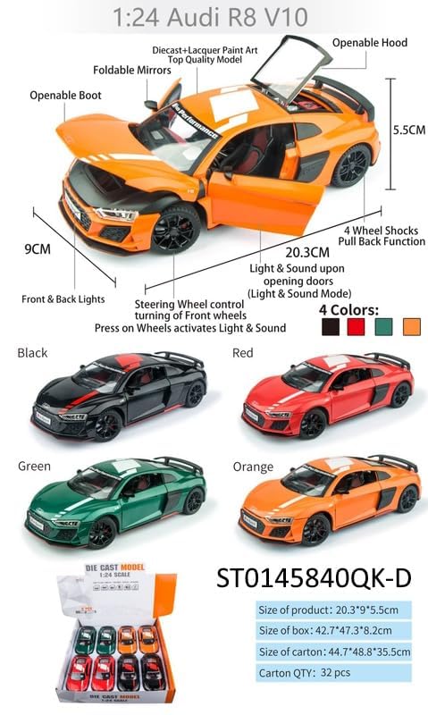 Image of Exclusive 1:24 Auudi R8 V10 Alloy Metal Pullback Toy car Features openable Doors and a Light, Making it a Great Gift for Music Lovers and a Fun Toy for Kids.(Colors as Per Stock)(Auudi R8 V10)