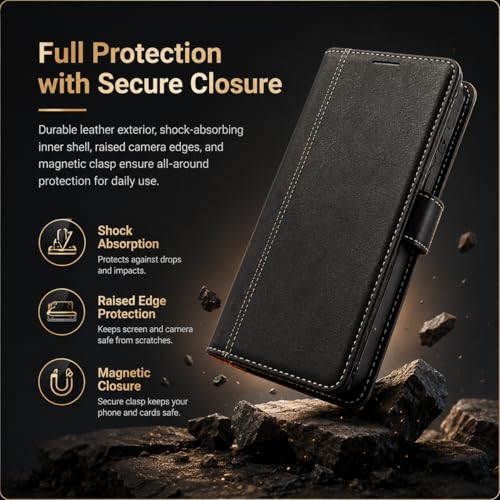 Image of FASHINA S26 Leather Flip Wallet Case with Magnetic Closure, Card Holder Slots, Shockproof Inner Cover, Premium Leather Finish for Complete 360 Protection Black