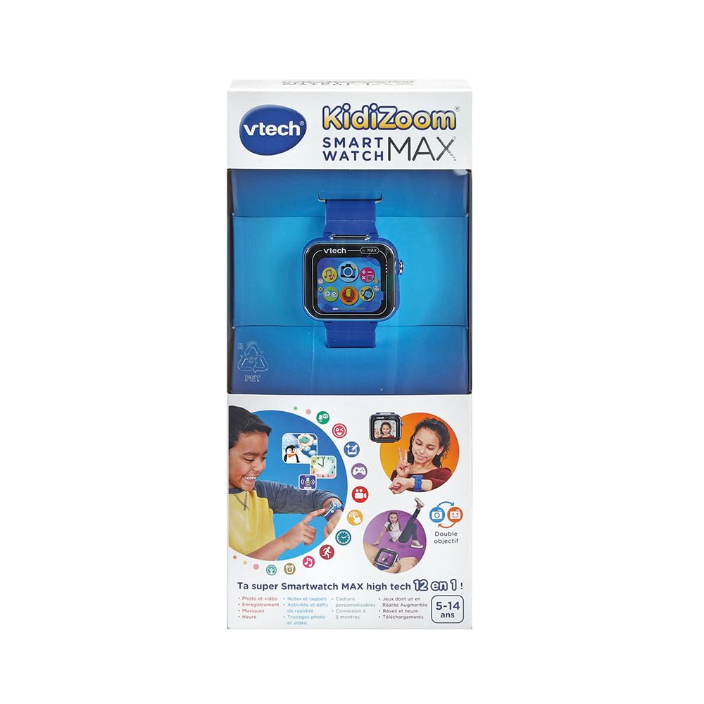 VTech - KidiZoom SmartWatch Max Bleue, Montre Digitale Enfant, Photo, Selfie, Vidéo, Écran Tactile Horizontal, Jouet High-Tech, Cadeau Enfant et Ado de 5 Ans à 14 Ans - Contenu en Français