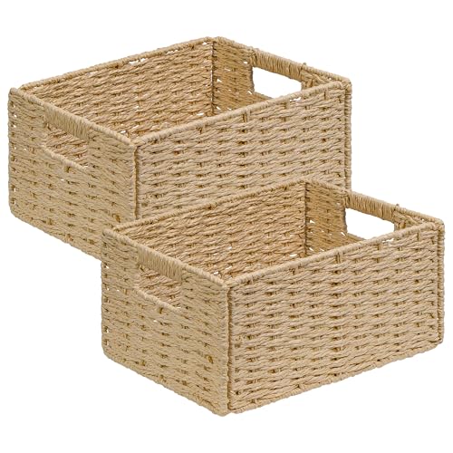 Aluusy Braided Water Hyacinth Paper Storage Basket, Set of 2 Rectangular Baskets, Collapsible Bathroom Basket 31×22.5×15cm, Kallax Shelf Storage Basket