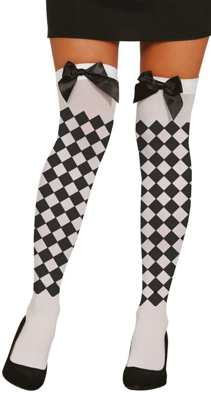 The Fancy Dress® Ladies Girls Thigh High Hold Up Stocking With lace Satin Bow Over Knee Socks Daily Dress Party Favors (White Black Diamante With Bow)