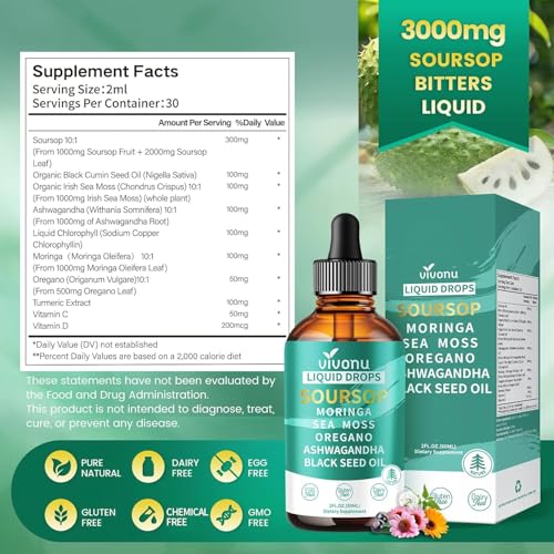 Image of 10-in-1 Soursop Bitters Liquid Drops 3000mg, Soursop Drops with Ashwagandha, Black Seed Oil, Moringa, See Moss for Natural Antioxidant, Cell Support & Regeneration, Immune Boost, Rich In Vitamin D& C