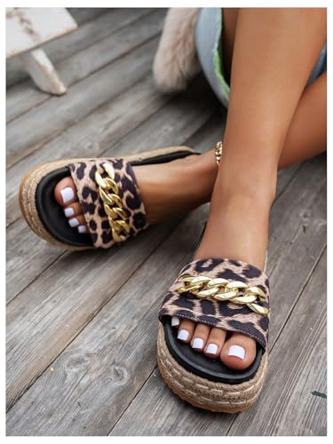 Women's Leopard Print Slide Sandals Open Toe Platform Sandals Summer Vacation Slip on Slides with Metal Chain4