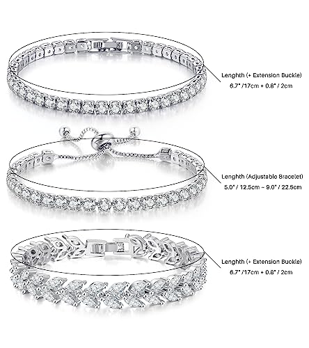 3 Pcs Tennis Bracelet Set 14K Gold Plated Marquise Cubic Zirconia CZ Diamond Dainty Adjustable Silver Bracelets for Women Brides Stackable Fashion Jewelry Wedding Prom Gift2