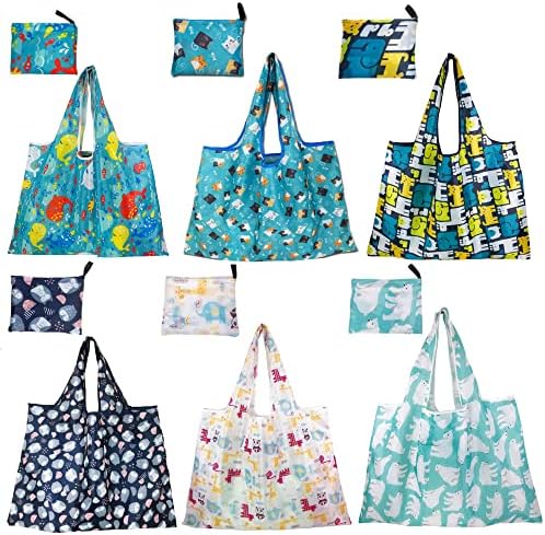 6 Pack Reusable Grocery Shopping Tote Foldable Bags with Pouch, Large Capacity, Durable, Washable, Heavy Duty Lightweight, Eco-Friendly, Waterproof, Geometry Animal Floral Design also for Travel, Gift (Animal Style)