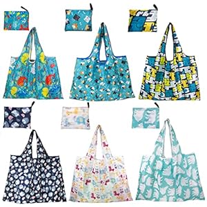 6 Pack Reusable Grocery Shopping Tote Foldable Bags with Pouch, Large Capacity, Durable, Washable, Heavy Duty Lightweight, Geometry Animal Floral Design also for Travel, Gift (Animal Style)