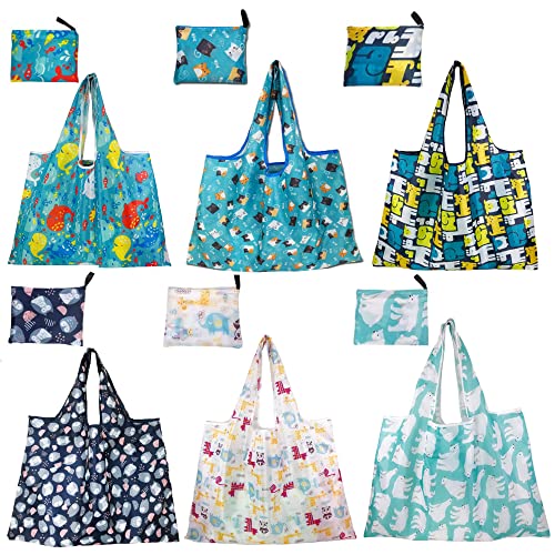 6-Pack-Reusable-Grocery-Shopping-Tote-Foldable-Bags-with-Pouch-Large-Capacity-Durable-Washable-Heavy-Duty-Lightweight-Geometry-Animal-Floral-Design-also-for-Travel-Gift-Animal-Style