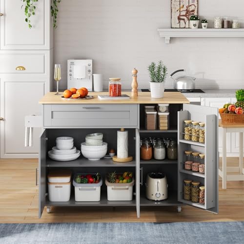 PUGSDRLY Desserte Cuisine à 5 Roues avec Plan de Travail Pliable,Étagère à Épices,Porte-Serviettes,3 Tiroirs,Îlot Central Cuisine,Buffet Salle a...