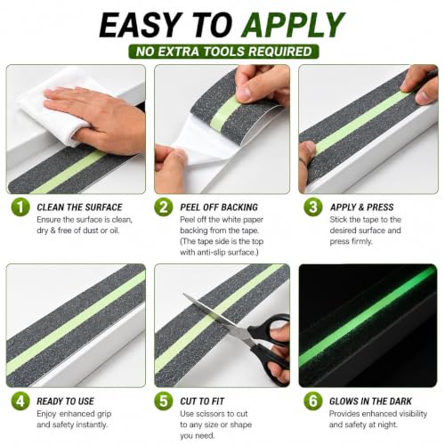 Image of Non Slip Safety Tape with Glow in The Dark, 2 Inch x 16.4 FT Anti Slip Stair Grip Tape, Centre Glow Strip, Heavy Duty Waterproof Non Skid Traction Tape for Stairs, Steps, Ramps & Outdoor Use