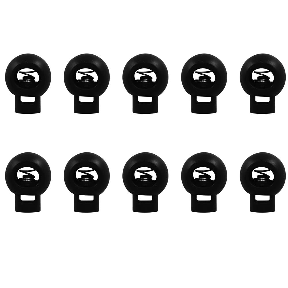 Qinglhc Black 10 Pcs Cord Locks Adjustable Round Toggle Stopper Cord Stop Toggle Rope,Toggle Spring Cord Clips,For Paracord,Drawstrings, Camping,Shoelace Replacement,Sports,Backpack(Single Hole,)