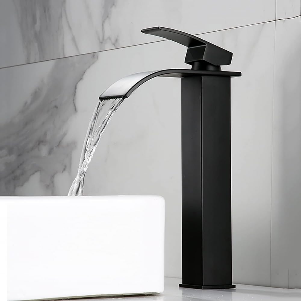 Robinet de lavabo haut noir anti-éclaboussures avec mitigeur cascade