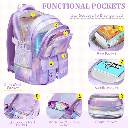 School Backpack for Girls - 5pcs Cute Girls Backpack with Lunch Box for Teens Kids Elementary Middle School - 17″ Students Bookbag Travel Back Pack for Age 6-183