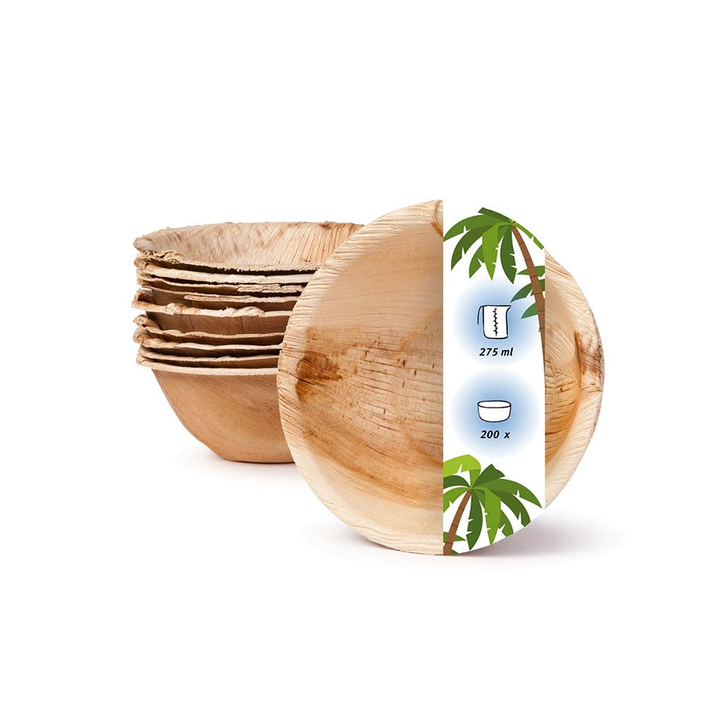 Palmware - Vajillas desechables ecológicas hechas de hojas de palma I 200 piezas oja de palma tazón redondo 275ml ø13,5cm I ensaladera tazón - tazón de sopa - tazón de aperitivos
