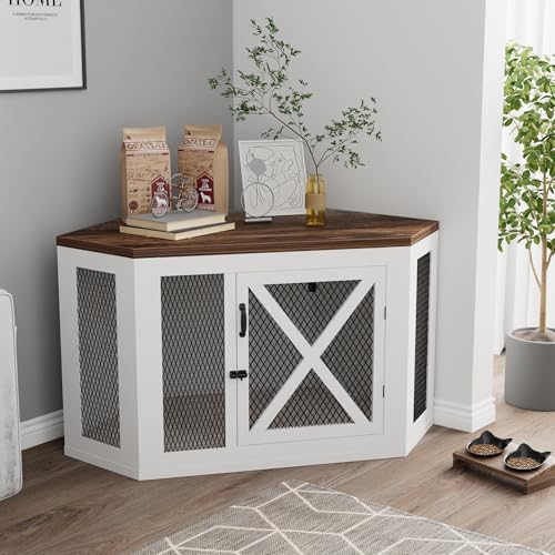 Xilingol Corner Dog Crate Furniture, Wooden Dog Kennel End Table with Mesh, Cage/House for Small Medium Large Dog, Decorative Pet Crate Indoor Use