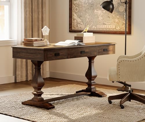 WAMPAT 60-inch Vintage Wood Home Office Desk with Stable Solid Wood Pedestral Legs, Tradional Rustic Executive Desk with Deep Drawers and Power Outlets for Office,Study,Dark Walnut Brown