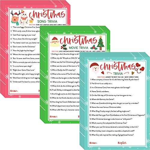 KMLIFE 63 Pcs Christmas Trivia Party Game Cards 3 Themes Xmas Holiday Guessing Activity for Adults Families Friends Kids Groups and Coworkers Annual Festive Events Party Decorations