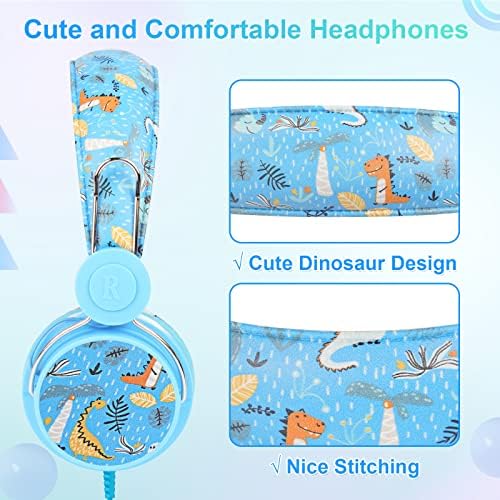 Kids Dinosaur Headphones, Cute Childrens Headphones Wired for School Boys with Microphone and 85dB Volume Limit, Adjustable Toddler headphone Over-ear Girls, Headphone for iPad/Kindle/Fire Tablet