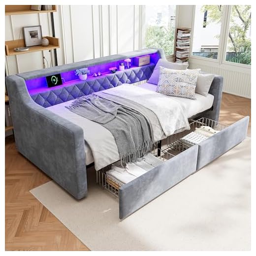 LED Daybed with 2 Storage Drawers and USB &Type C Charging Sations, 3FT Single Functional Upholstered Bed 90x190 cm, Guest Bed Sofa Beds Youth Beds For Adults & Teenagers, Velvet, Grey, No Mattress