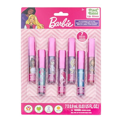 Barbie 7 Piece Plant Based Lip Gloss, Girls Party Favors, First Makeup Set for Girl, Perfect for Parties, Sleepovers, and Birthday Gifts, Ages 3+, by Townley Girl
