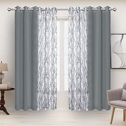 BONZER Mix and Match Curtains - 2 Pieces Branch Print Sheer Curtains and 2 Pieces Blackout Curtains for Bedroom Living Room Grommet Window Drapes, 37x84 Inch/Panel, Light Grey, Set of 4 Panels