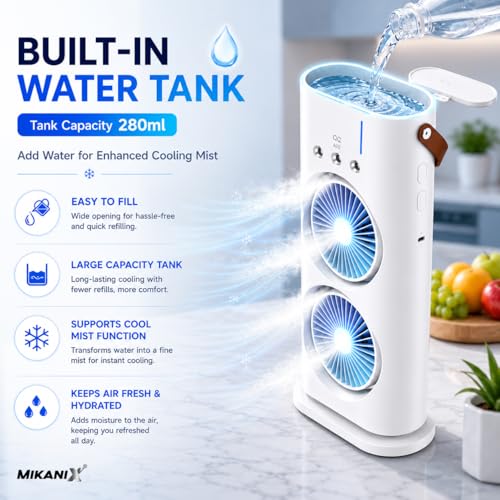 Image of MIKANIX Dual Fan Air Cooler with Mist Spray | Portable Cooling Fan, 90 Oscillation, Remote Control, RGB Ambient Lighting | USB Powred for Home, Office & Bedroom, 5 Years Warranty
