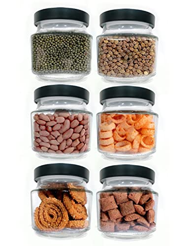 Image of Piraml Glass Transparent Jars & Containers for Kitchen Pantry, Snacks, Masala, Pickles, Dry Fruits, Coffee Beans Storage with Black Color Double Layer Metal Pop Lid (Set Of 4) (600ml Round Black Cap)