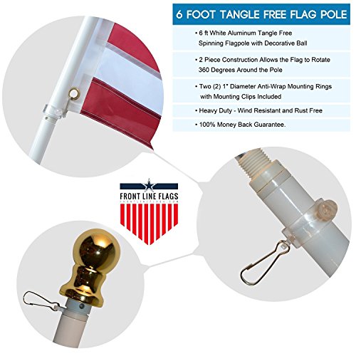 Front Line Flags Flag Pole: 6' Ft White Aluminum Flagpole | Spinning & Tangle Free | Heavy Duty | Wind Resistant And Rust Free Wall Mount Flagpole P/N Fl6W #TOP3