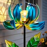 Solar Yard Lights Wind Spinners- Metal Lotus Flower Garden Decor LED Crackle Glass Globe Yard Art Sculpture Solar Stake Lights for Patio Pathway Lawn Walkway