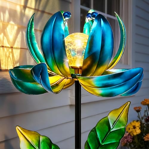 Image of Solar Yard Lights Wind Spinners- Metal Lotus Flower Garden Decor LED Crackle Glass Globe Yard Art Sculpture Solar Stake Lights for Patio Pathway Lawn Walkway