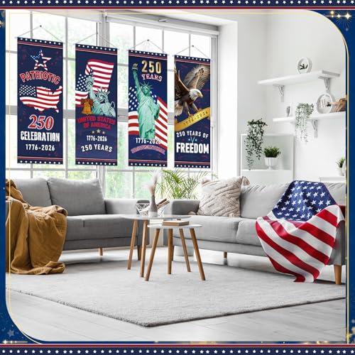Image of Panelee 4 Pcs 250th Anniversary Banner Decoration Patriotic American Flag Porch Banner 250th Anniversary Hanging Backdrop for Independence Day 4th of July Wall Indoor Outdoor Decor