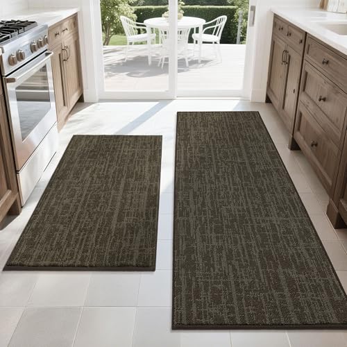 COSY HOMEER Kitchen Rugs Non Slip Washable 24"x36"+24"x60" Absorbent Soft Kitchen Mats for Floor Polyester Kitchen Runner Rug Sets of 2 Kitchen Floor Mats for Sink Mat,Hallway,Laundry,Brown