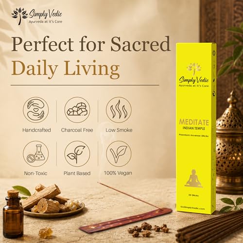 Image of Simply Vedic Luxe Indian Temple Incense Sticks (50 Sticks) Hand Rolled Masala Agarbatti with Holder | Natural Long Lasting Fragrance for Puja Aarti Meditation Home Fragrance Low Smoke