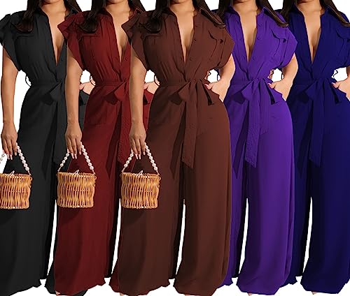 PaladMom Black Casual Button Down Dressy Jumpsuits for Women Sexy V Neck Short Sleeve Clubwear Loose Wide Leg Pants Romper with Pockets