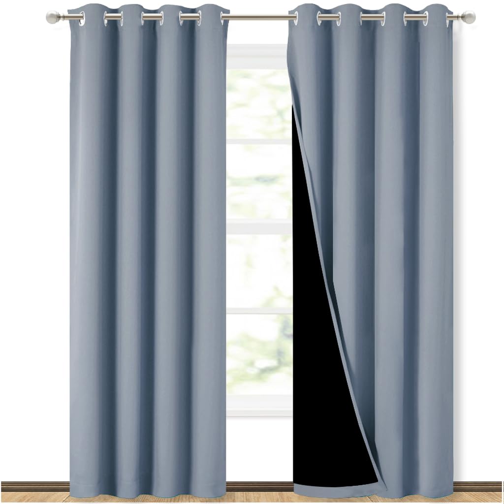 NICETOWN 100% Blackout Curtains 84 inches Long, Vintage Blue, 52 inches Wide, Pair of Energy Smart &amp; Noise Blocking Out Drapes for Baby Room Window, Thermal Insulated Guest Room Lined Window Dressing