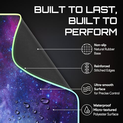 Image of Gerlos RGB Gaming Mouse Pad, Large LED Desk Mat, 31.5 x 11.8 Inch | 12 light modes, non-slip base, water-resistant surface, stitched edges