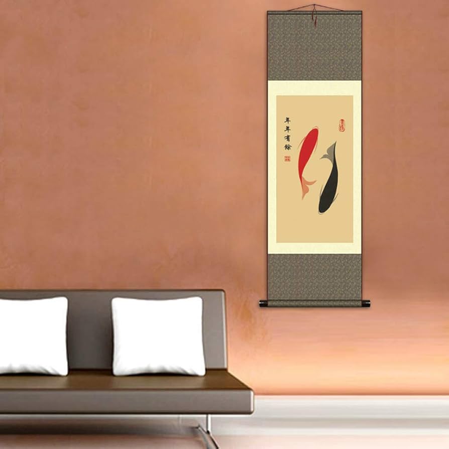 Valart Silk Scroll Painting Asian Wall Decor Fish - Year Have Fish - Koi - Red Black Carp Beautiful Chinese Art Wall Scroll Hanging Painting Scroll Oriental Decor(36.2x 12 In