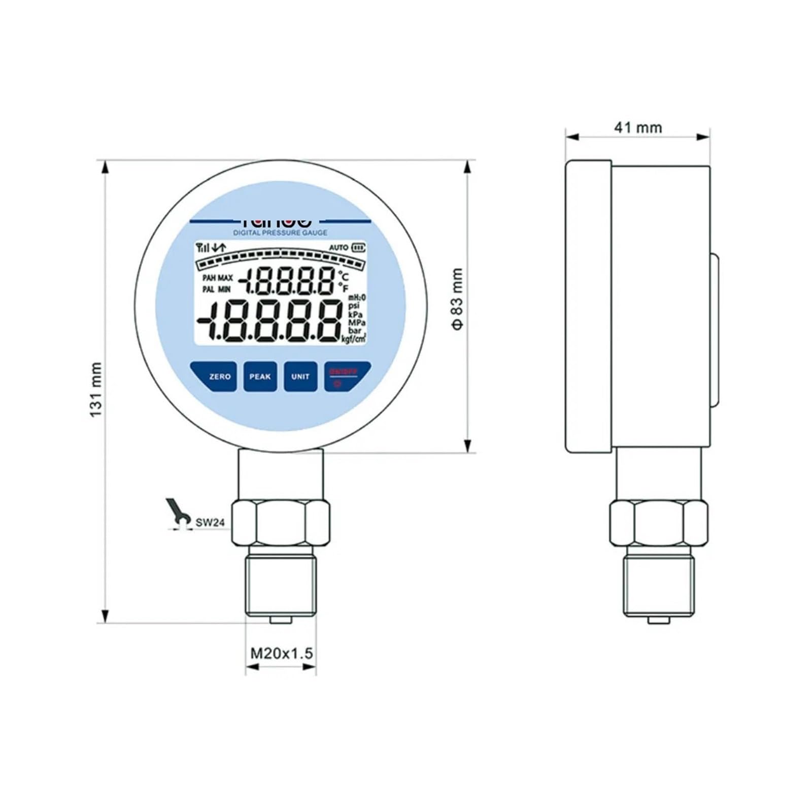 Präzisions-Digital-Manometer, NPT1/4 Edelstahl-Membran-Manometer mit Hintergrundbeleuchtung(-100KPa-0KPa)