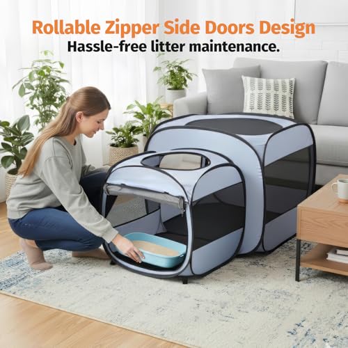 Image of 2-in-1 Portable Cat Playpen, Detachable into 2 Separate Cages with Additional 2 Doors, Pop up Pet Play Pen Cat Tent House, Foldable Puppy Enclosure Kitten Crates Indoors Outdoor(Grey)