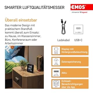 EMOS GoSmart - Smart Home Luftqualitätsmonitor mit App - WiFi - Farbdisplay - CO2 Messgerät - Temperatur und Feuchtigkeitssensor - USB-C Stromversorgung - TUYA, SmartLife kompatibel - schwarz