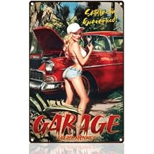 Garage Pin Up Woman Retro Wall Decor Metal Tin Sign 8" x 12" Sexy Woman Repairing Red Car Vintage Wall Art Poster for Man Cave Home Coffee Room Bathroom Decor Gift