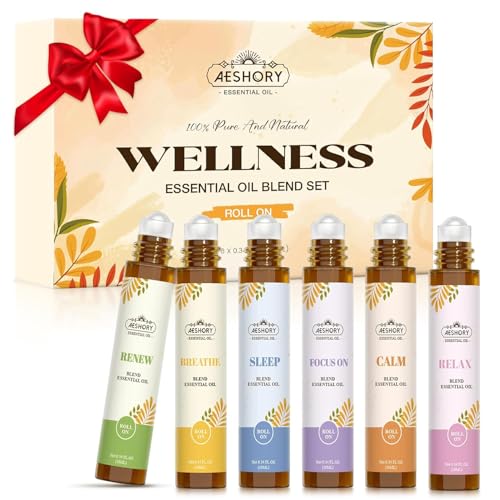 AESHORY Set de Huiles Essentielles Roll-on 6X10ML,(Calme, Détendez, Respirer, Concentrez, Dormir, Renouveler), Huiles Essentielles Aromathérapie pour la Peau, Corp, Cadeau Détente pour Femmes & Hommes