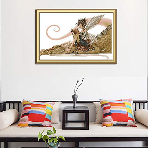 Joy Sunday The Girl Sits On The Dragon Reading A Book Counted Cross Stitch Kits,Cross-Stitch White Blank Fabric Embroidery Kit 14Ct 21''X14'' #TOP2