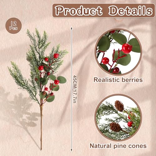 Branches de pin artificielles de Noël avec baies rouges, lot de 12 de 45 cm pour vase