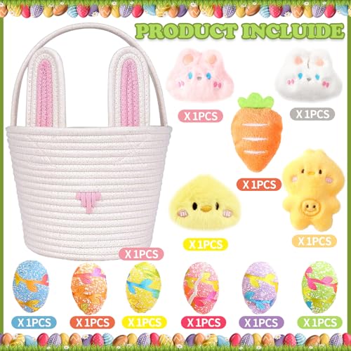 Image of Large Easter Basket for Kids Woven Easter Bunny Basket with Rabbit Ears, Bunny Egg Hunting Bag with Cute Rabbit Chicken Carrot Plush Decorations for Girls Boys Spring Presents