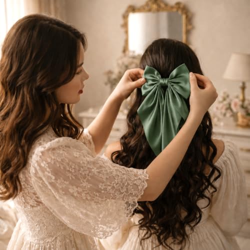 Image of 2 Pack Off White and Green - Hair Bows, Bow Clips for Women - Hair Clips, Luxury Satin Hair Bow Clips for Girls, Hair Clip - Cute Hair Accessories for Girls