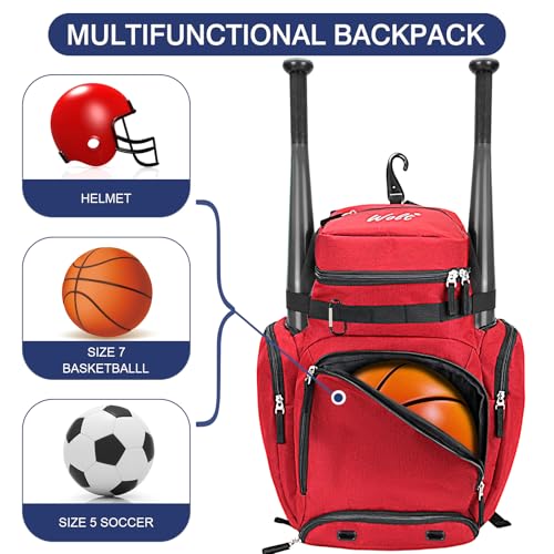WOLT Baseball Bag Backpack for Youth and Adults-Softball Bag with Separate Helmet Compartment and Shoes Pocket,Multifunctional Sport Backpack for Baseball, Volleyball,Basketball, Soccer