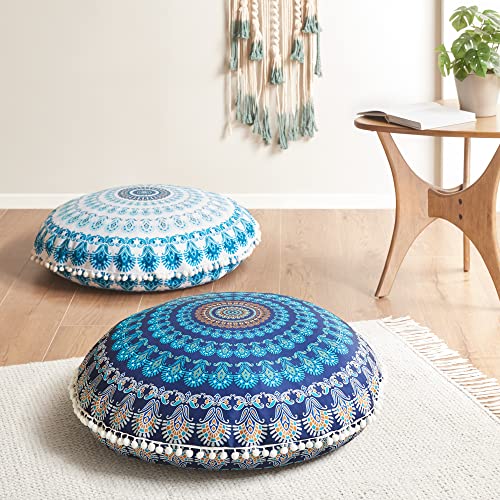 Codi Meditation Floor Pillow, Round Large Pillows Seating For Adults, Bohemian Mandala Circle Cushion For Outdoor Fireplace Yoga Living Room, 32 Inch, Memory Foam Added, Navy #TOP3