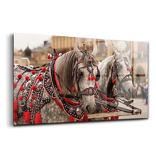 Wallart peinture sur verre coloré 140x70cm grand tableau chevaux de Cracovie