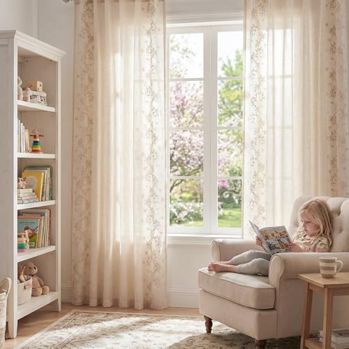 Image of jinchan Floral Linen Curtains, Back Tab 50x84 Inch, 2 Panels Beige